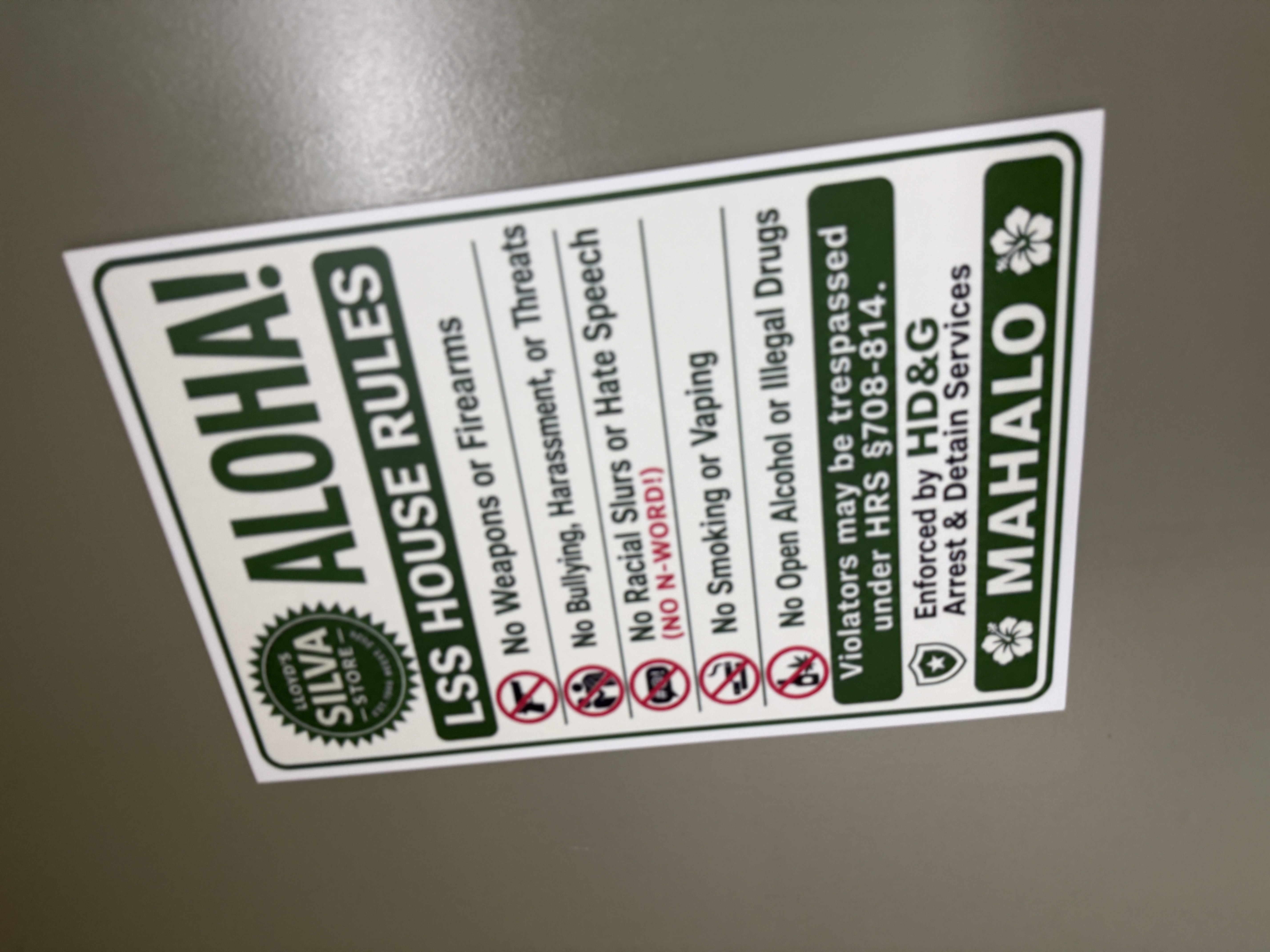 House rules sign at Lloyd's Silva Store
