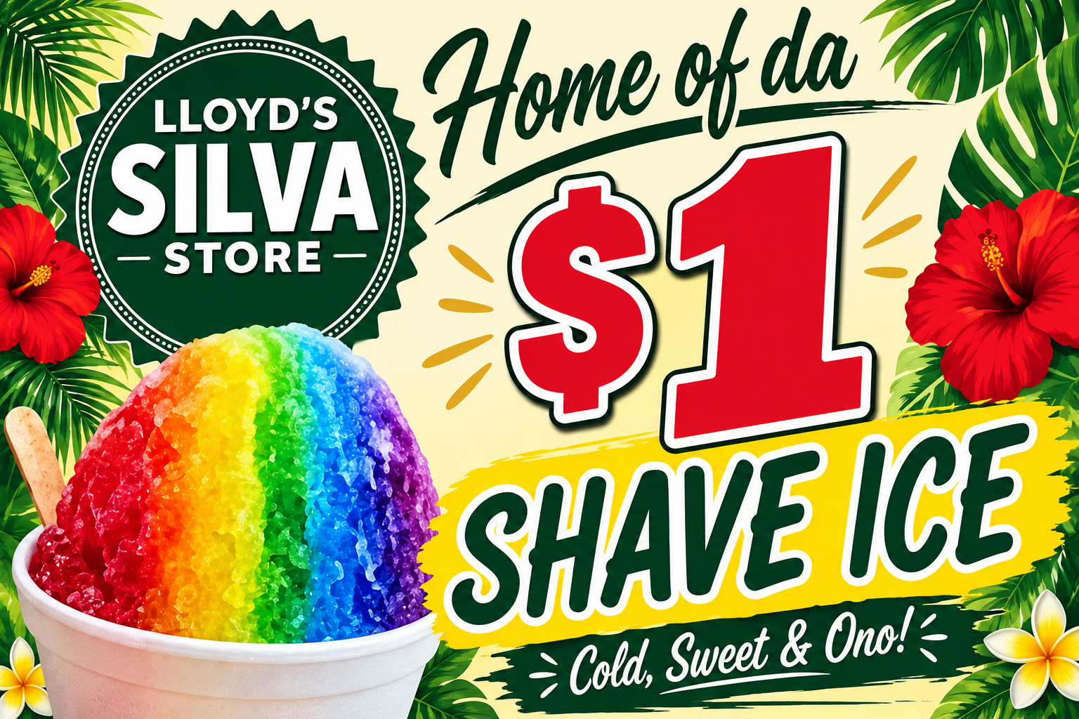 Lloyd's Silva Store Home of da $1 Shave Ice sign with rainbow shave ice
